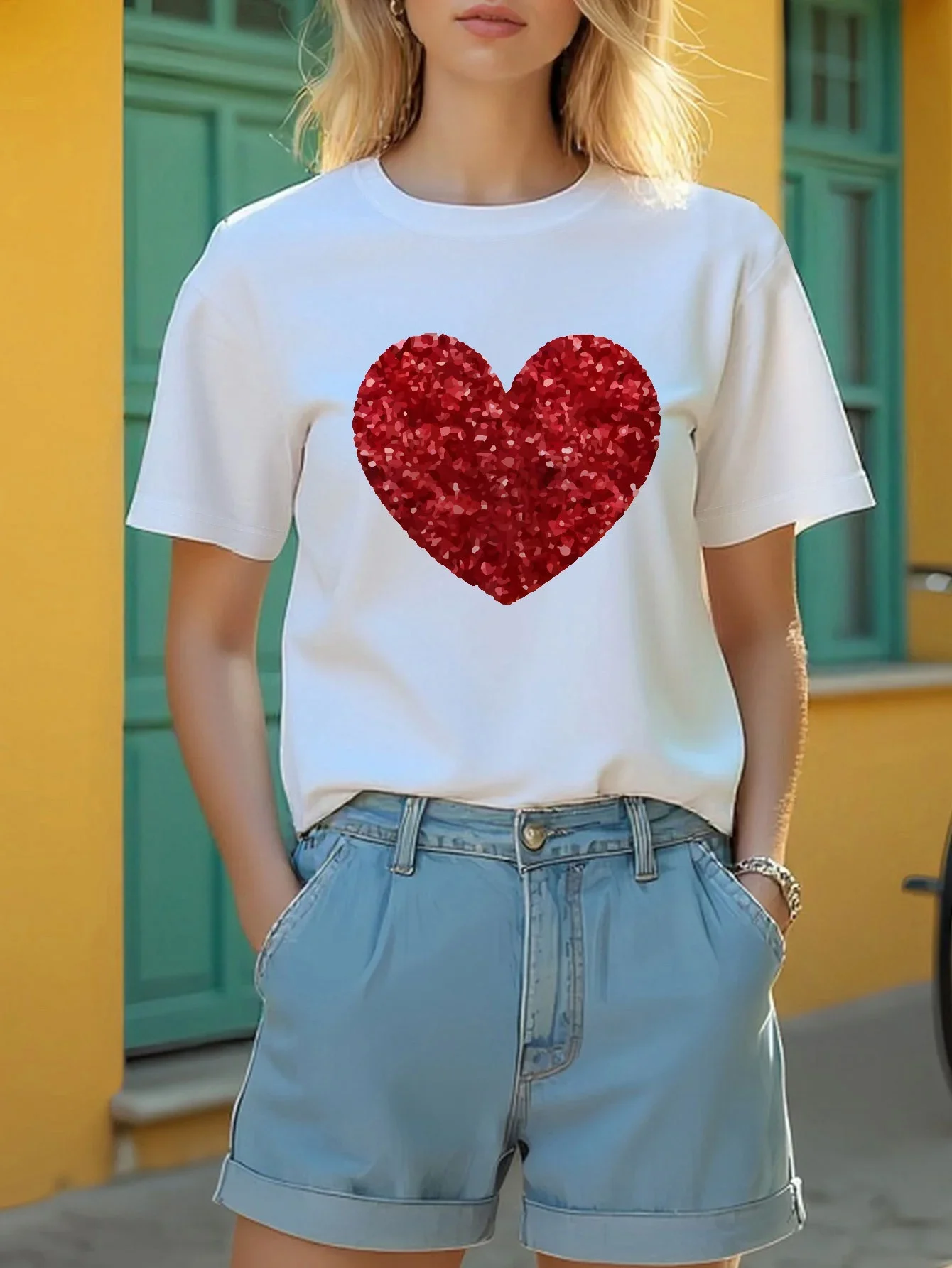 

Women's T-shirt Short Sleeve Red Sequin Heart Graphic Print Casual Top For Summer & Spring