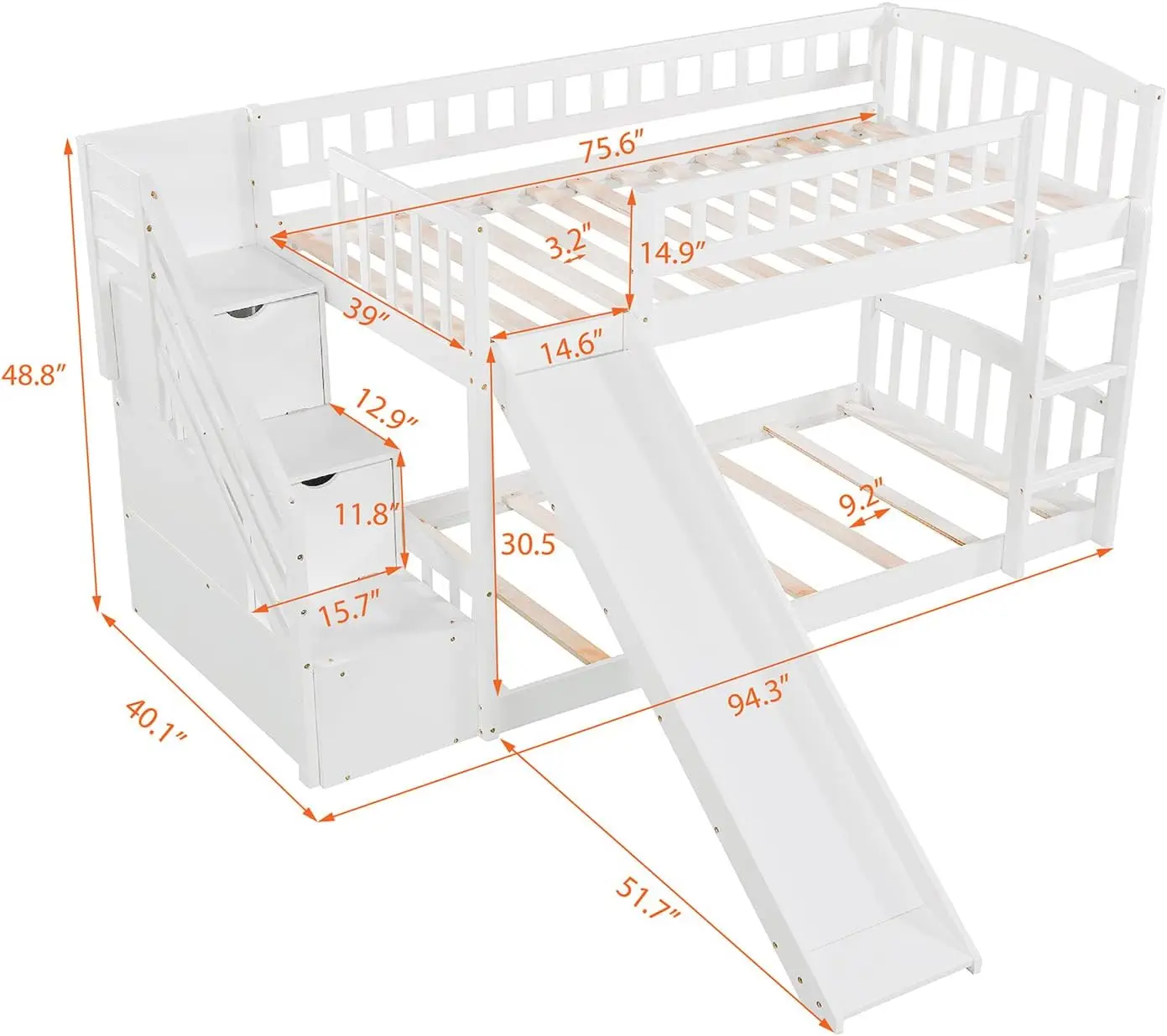 Lits superposés en bois avec toboggan pour enfants, lits superposés, cadre de lit, lits jumeaux, lits superposés bas, escalier, garçons, filles, blanc, rangement à proximité, égouts