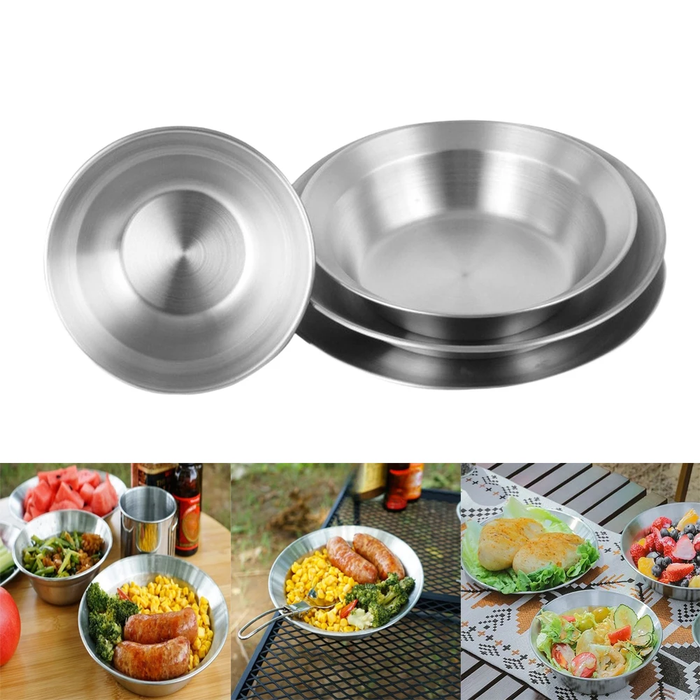 

Портативный набор посуды для кемпинга из 4 предметов: тарелка, миска и блюдо из нержавеющей стали для барбекю, кемпинга, приготовления пищи на открытом воздухе