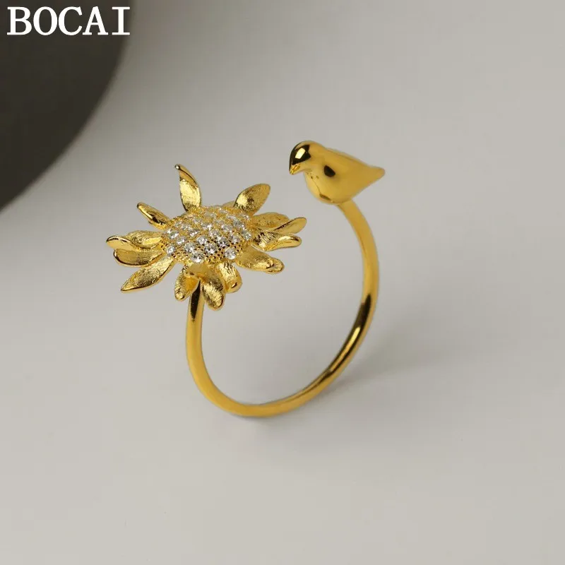 

BOCAI NEW S925 Sterling Silver Niche Luxury Fun Sunflower Bird Open Ring Women's Gift
