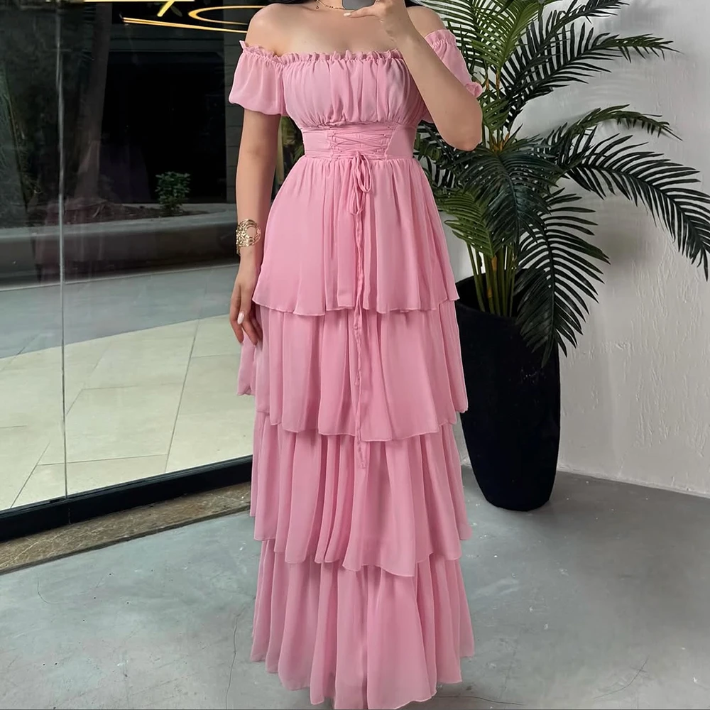 

Customized A-line Evening Dresses Floor-length Off The Shoulder Short Sleeve Prom Gown Fashion Draped Lace-up Casual Party Gown