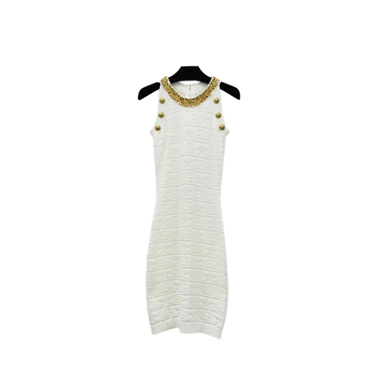 

Summer New Fashionable Commuter Round Neck Sleeveless Heavy Duty Nail Bead Slimming Back Zipper Mid Length Knitted Dress
