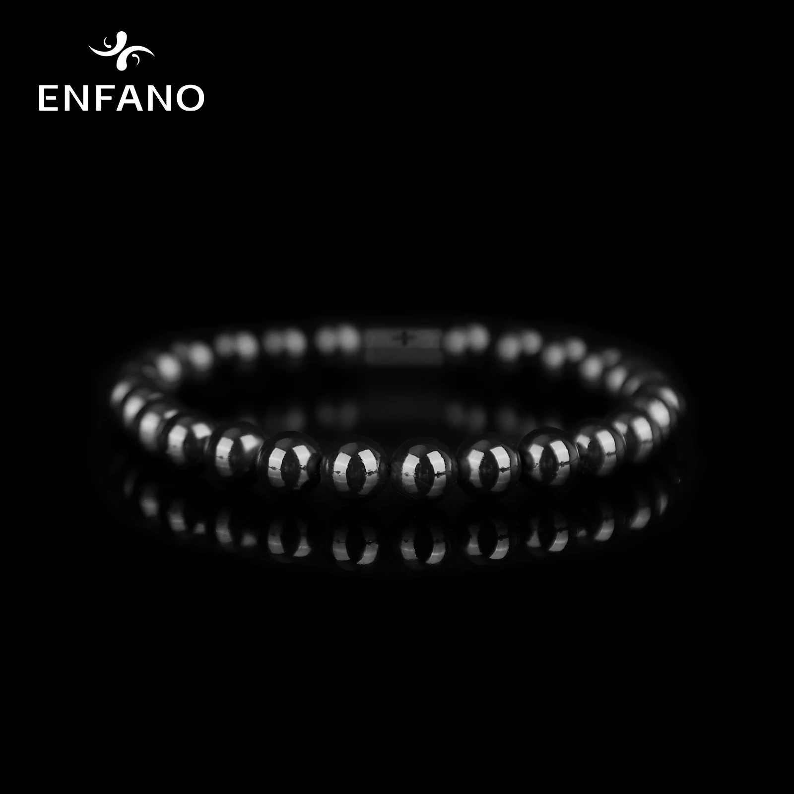 

ENFANO Beaded Bracelet 8mm Frosted Black Agate Round Fashion Retro Father's Gift Size Name Text Personalized Custom Elastic Rope