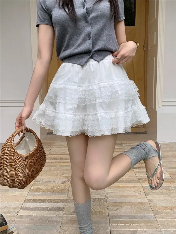

plus Size Ballet Style Fluffy Half Skirt High Waist Slimming Versatile Lace Trim A-Line Short Skirt Summer New Arrival