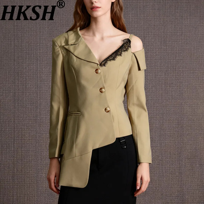 

HKSH Spring Autumn New Women Blazer Asymmetric Off-Shoulder Lace Patchwork Single Breasted Slim Fit Elegant Sexy Jackets HK16278