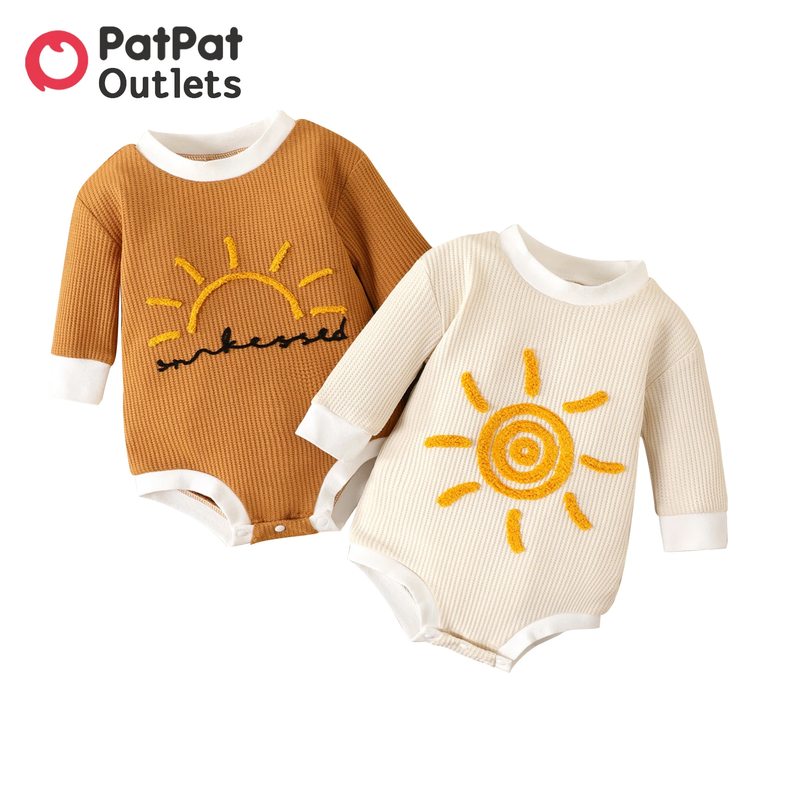 PatPat 100% Cotton Newborn Baby Girl Clothes New Born Boy Overalls Jumpsuits Sun Embroidered Long-sleeve Waffle Romper