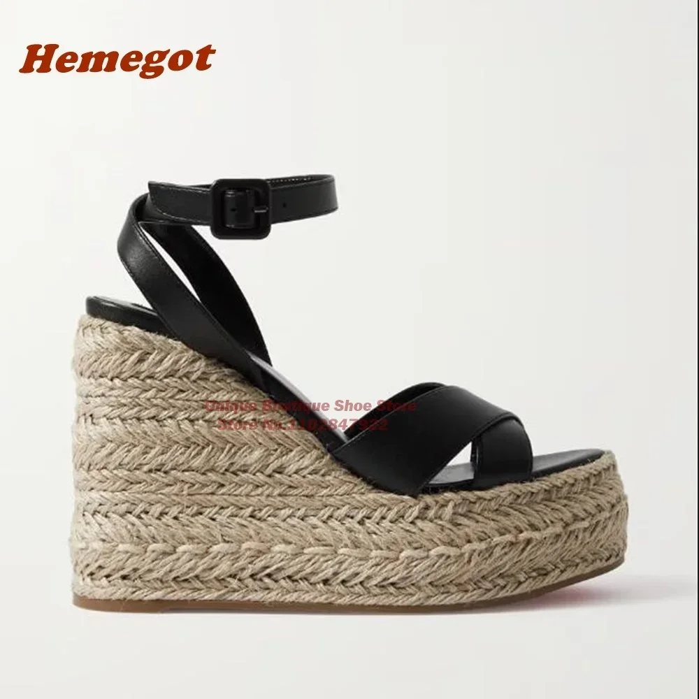 Espadrille Wedge Sandals Leather-Trimmed Peep Toe Platform Ankle Buckle Strap Wedges Women\'s Sandals 2023 New Elegant Size 46
