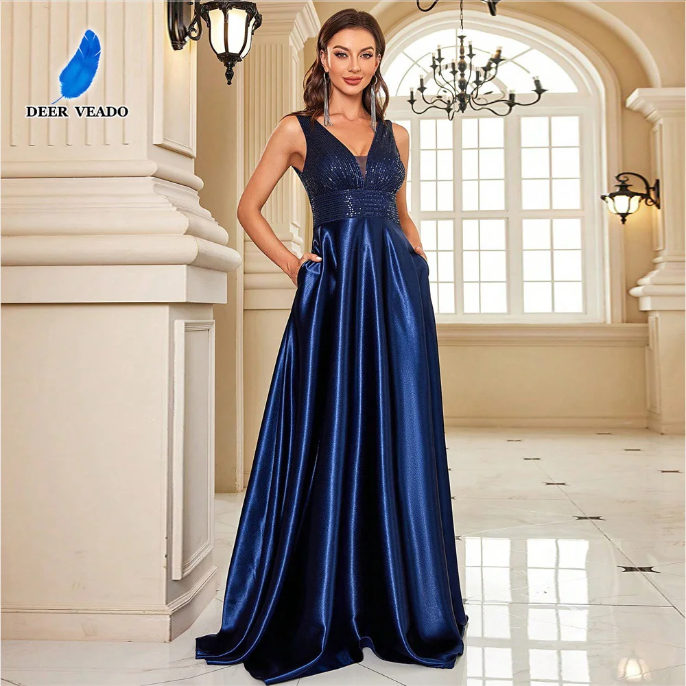 DEERVEADO Vestidos de noite femininos com decote em V, vestidos longos e elegantes para festa de baile, vestidos maxi para ocasião formal, vestidos de gala