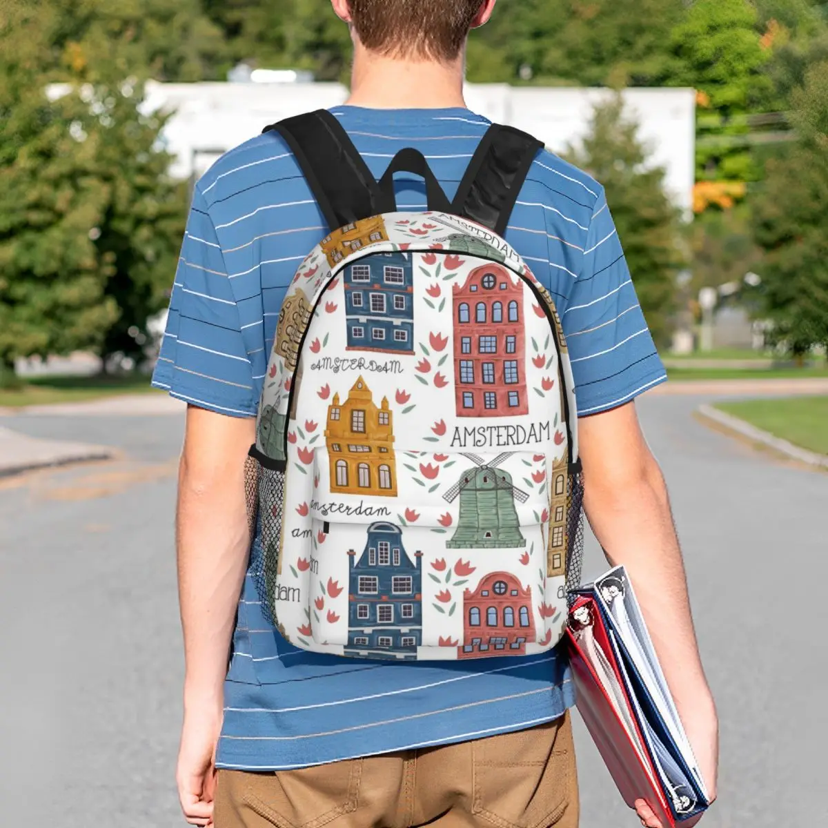 Amsterdam. Seamless Pattern With Old Historic Buildings Backpack Student BookBag Men Women School Bag Laptop Shoulder Bags