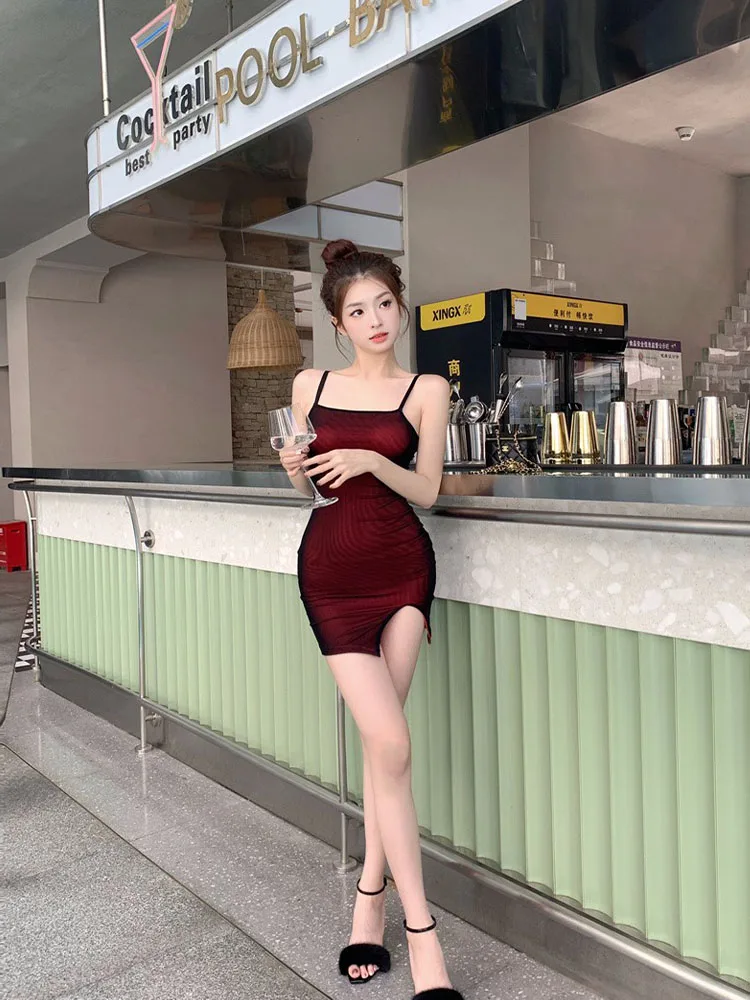 Feminino dupla camada de malha vestido magro sem mangas festa bodycon elástico split sexy clubwear magro outfit bandagem tendência 2025