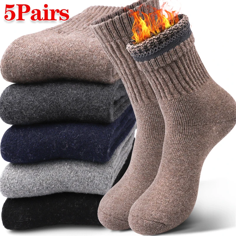 

5Pairs Winter Men's Merino Wool Socks Super Thicken Thermal High Quality Snow Socks Casual Sports Terry Loop Socks Solid Colors