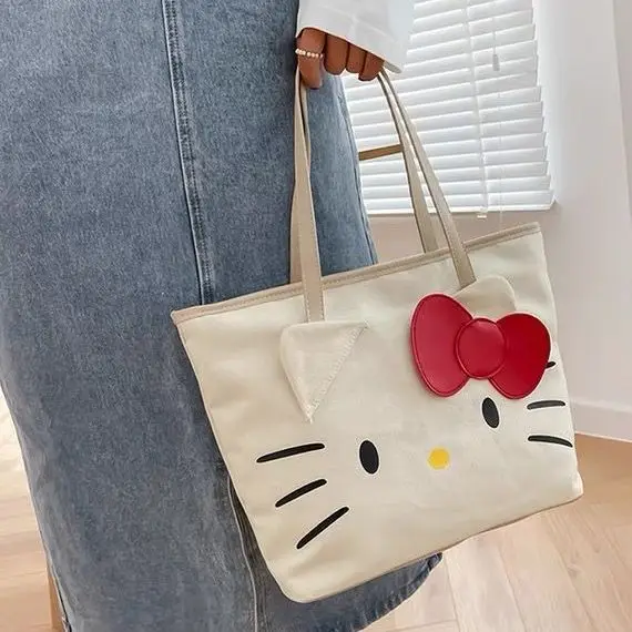 Sanrio Hello Kitty Woman Tote Bag Girls 2024 Trend New Travel Large Capacity Storage Cartoon Cute KT Canvas Handbag Shoulder Bag