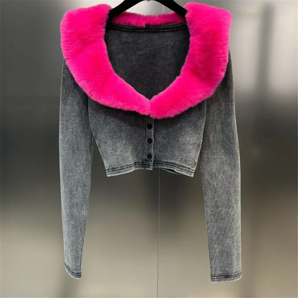 2023 Autumn Furry Collar Long Sleeves tops Distressd Washed Slim Single breasted Short Blouse for women Fashion Trend Y4313