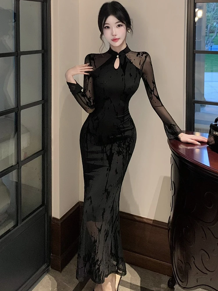 2025 Black Jacquard Patchwork Mesh Sheer Sexy Dress Autumn Winter Long Sleeve Bodycon Dress Women Korean Vintage Hepburn Dresses