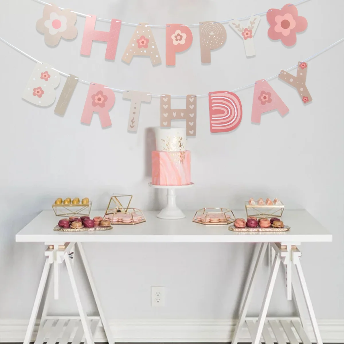 INS Baby Girl Non Woven Pink Happy Birthday Party Garland Rainbow Theme Backdrops Decoration Sun Cloud Banner