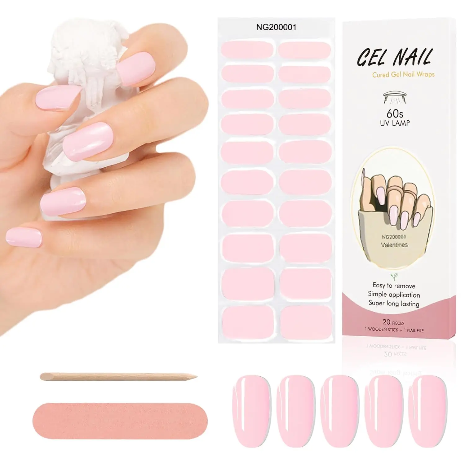 20Tips Semi cured gel Nail Patch Solid Pink Macaron Adhesive Slider Long term Full coverage Nail Patch UV Lamp Need