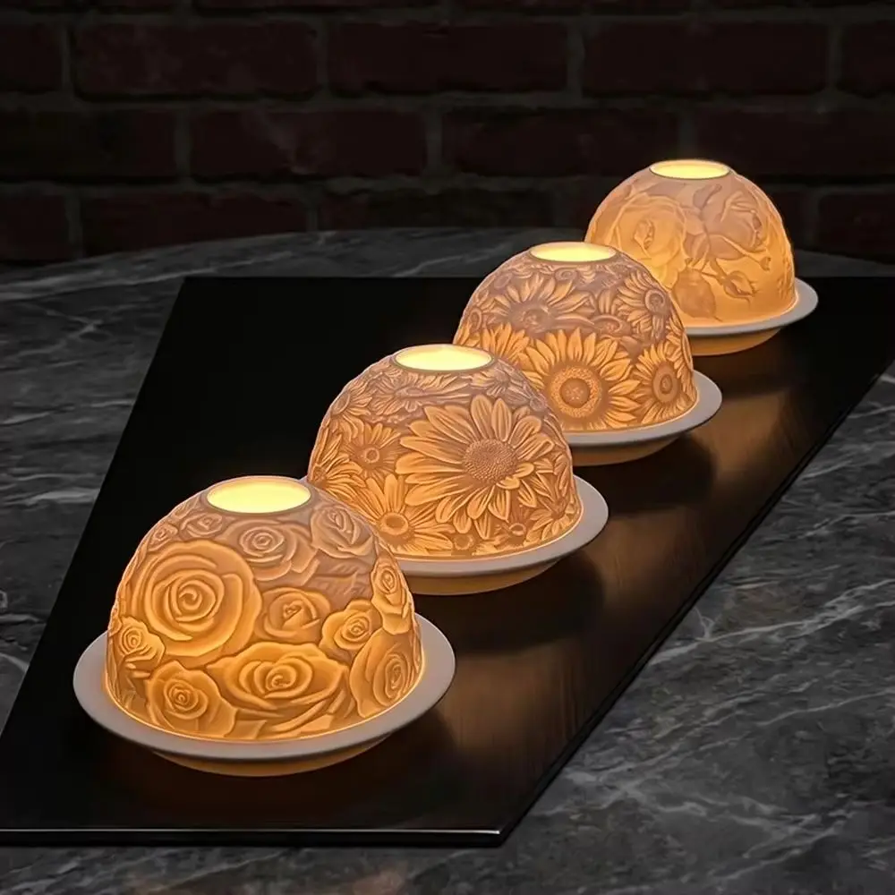 Luxury 3D Flowers Porcelain Candlestick Lamp 2pcs Tealight Holder Home Decor Table Accessory Wedding Gift