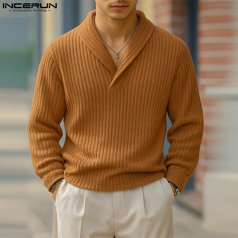 INCERUN, suéter para hombre, Color sólido, solapa tejida, manga larga, jerséis para hombre, ropa de calle de primavera y otoño, ropa informal de moda para hombre