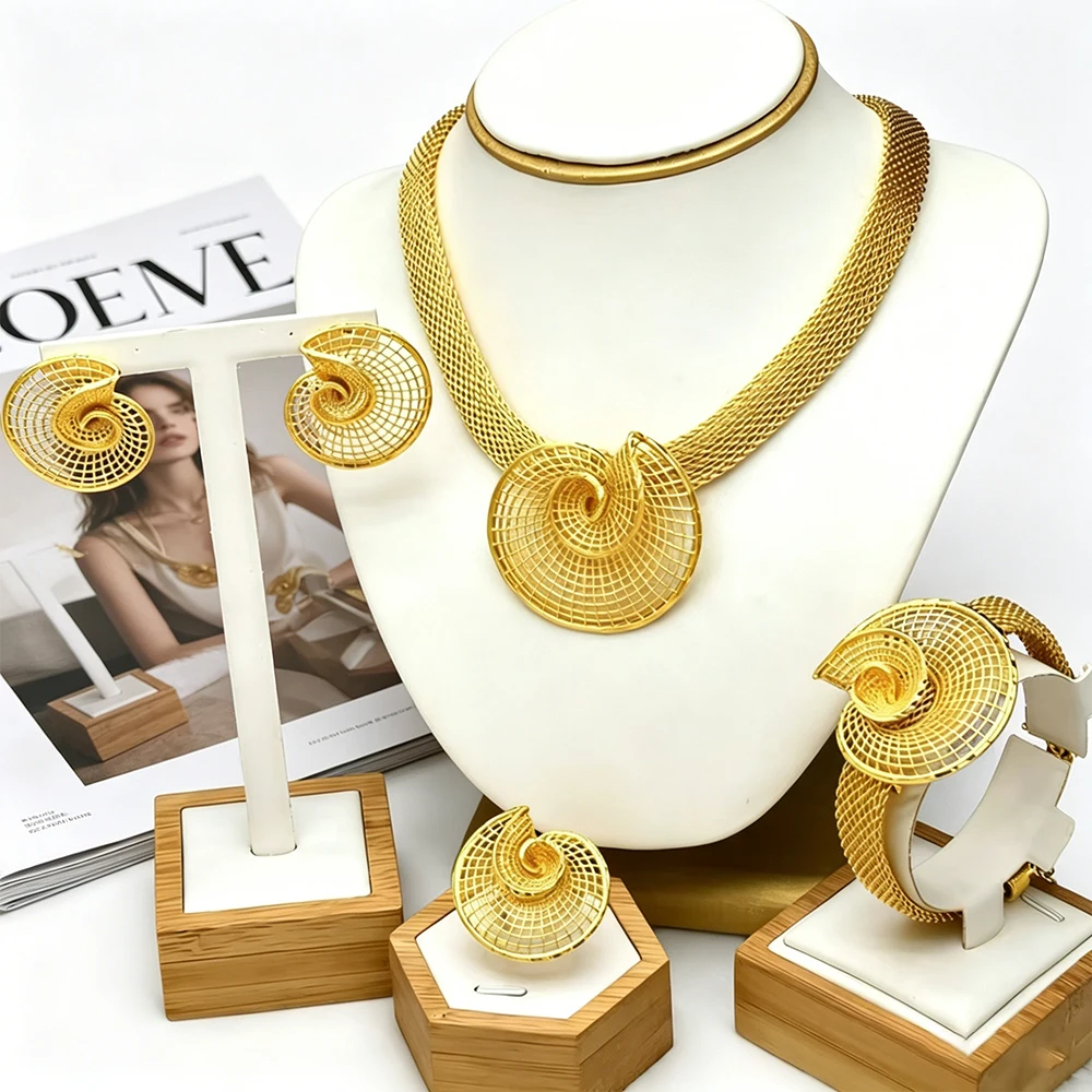 

24K Gold Plated Swirl Conch Pendant Necklace Earrings Bracelet Ring Spiral Hollow Jewelry Set Luxury Jewelry Wedding Party Gift