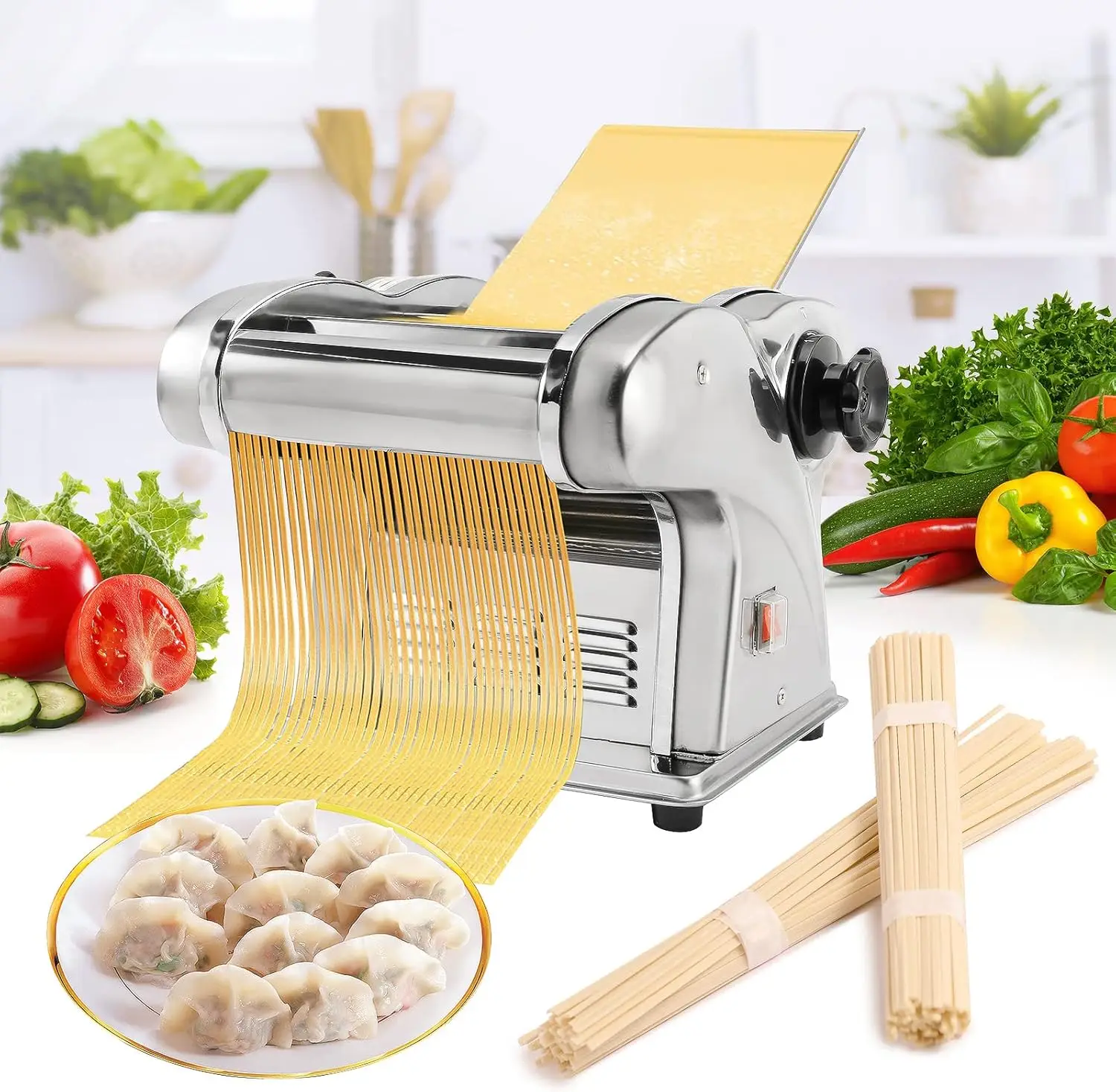 Electric Pasta Maker Machine 3 IN1 Pasta Dough Spaghetti Roller Noodle Pressing Machine Stainless Steel 135W for Home Family Use