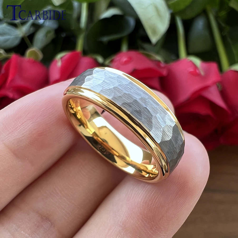 6MM 8MM Multicolors Hammer Ring Tungsten Wedding Band For Men Women Stepped Brushed Finish Trendy Gift Jewelry Comfort Fit