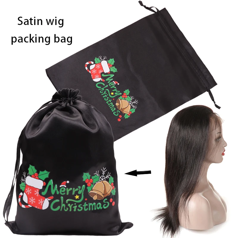 Sacos de cetim com cordão para pacotes, Peruca sacos com feliz Natal, Embalagem de cabelo, Silk Gift Bags, Travel Bags for Wigs, 2pcs