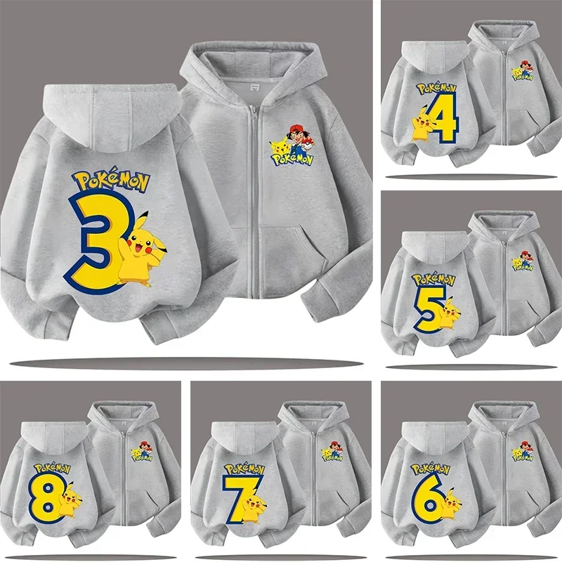 

3-12 years old Pikachu children's zipper hooded sweatshirt with digital cartoon print, boys' casual shirt, spring-autumn jacket