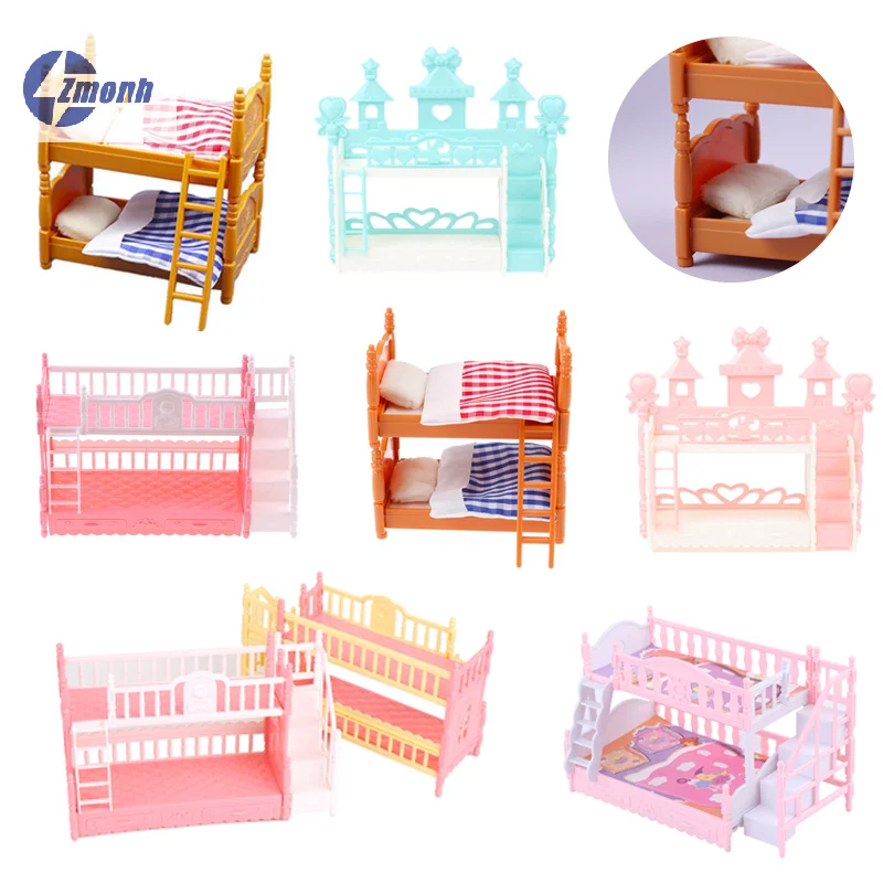 Novo! Miniatura de Casa de Bonecas: Beliche de Simulação Estilo Europeu, Cama de Princesa de Dois Andares, Decoração de Cenário de Quarto, Modelo de Móveis de Brinquedo