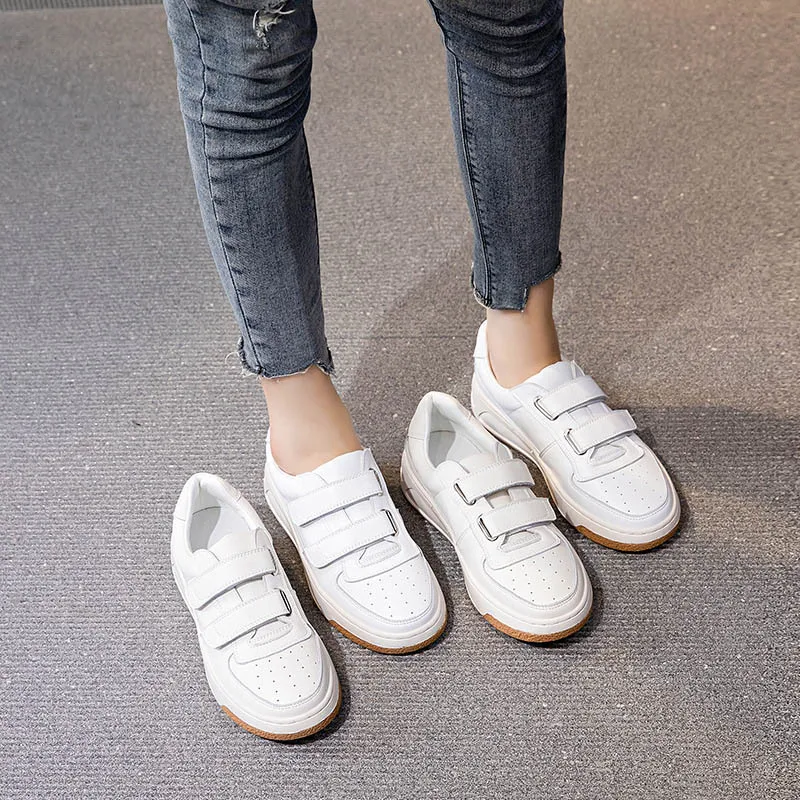 CXJYWMJL Genuine Leather Women Hook & Loop Sneakers Spring Thick Sole Little White Shoes Ladies Autumn Casual Vulcanized Shoes