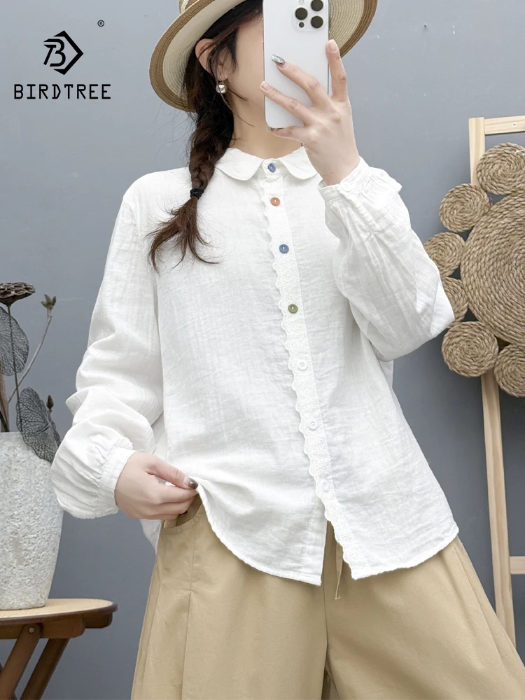 

New 2025 Winter Cotton Yarn Long Sleeve Shirt, Women Turn-down Collar Lace, Mori Girl French Design Chic Loose Blouse T5N985CC