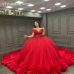 Mexico Red Off Shoulder Quinceanera Dresses Ball Gown Bead Applique 2024 Birthday Luxury Dress Ruffle Graduation Gown Customized