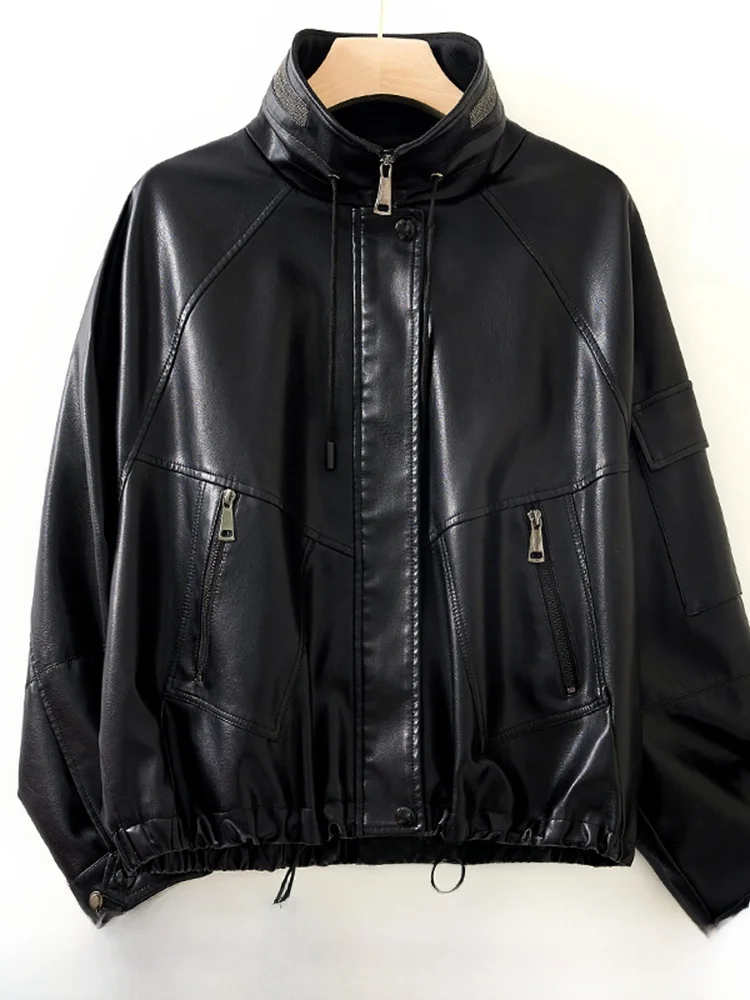 

Ning Women's ort eepskin Leather Jaet Loose Fit Faionable Spring Autumn New Sle Zipper Closure Casual Coat