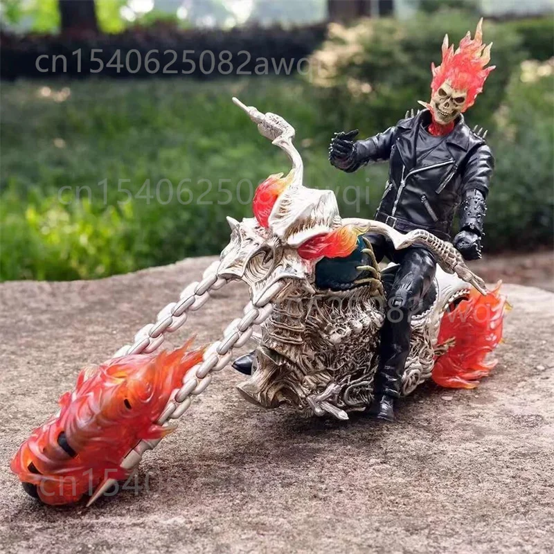 Ghost Rider mit Motorrad Figur zum 85. Jubiläum, Leuchtende Flammen-Effekt Glühende Motorrad-Sammlerfigur Modell Spielzeug 38CM – Detail 18
