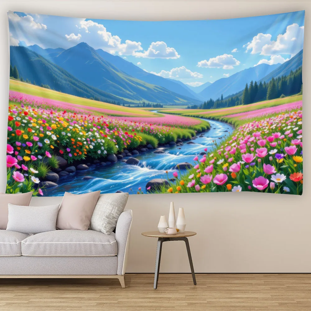 Clouds And Grass Rural Scenery Tapestry Flower Landscape Wall Hanging for Living Room Sofa Dining Room Indoor Decor
