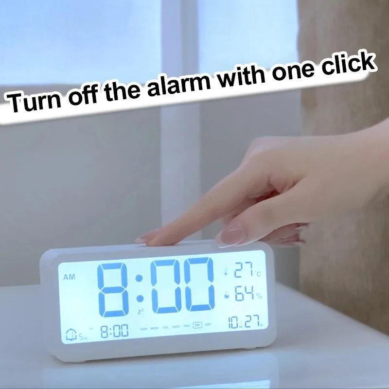 LCD Digital Alarm Clock Mute Electronic Clock Temperature Humidity Calendar Week Display Smart Night Light Mode Bedroom Clocks