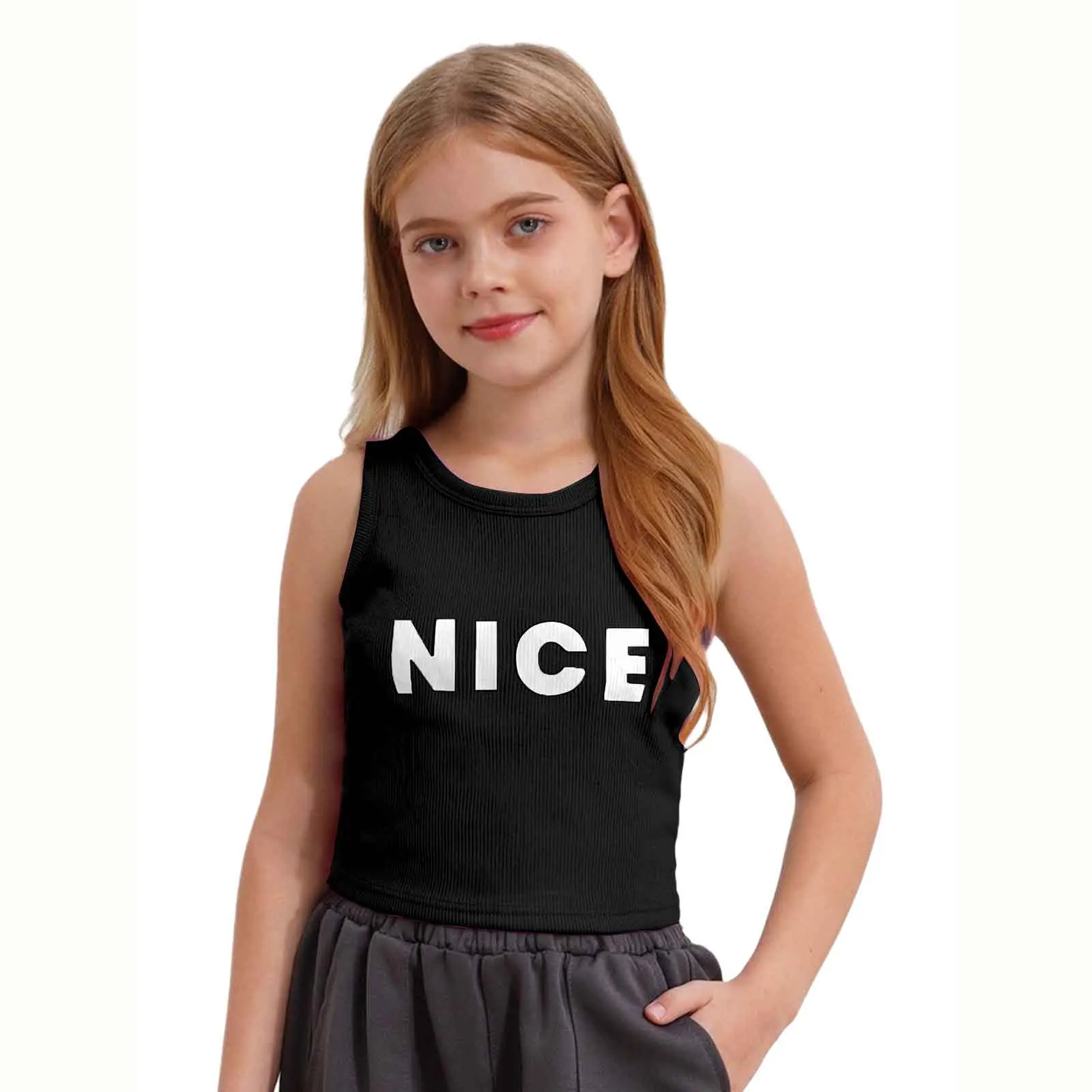 

Kids Girls Sports Vest Camisole Summer Letter Print Breathable Ribbed Cross Wrap Back Tank Top Tees Yoga Hip-Hop Dance Crop Top