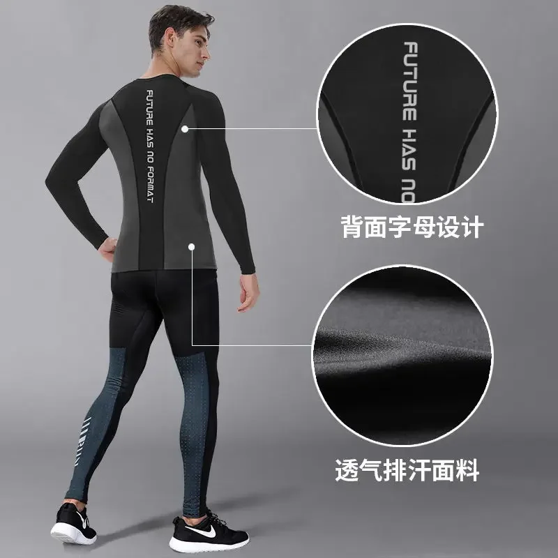Spring Autumn Fitness Set Men's Tight Long Sleeve Quick Dry Training Suit Sports Running Football Basketball Base Clothes Top