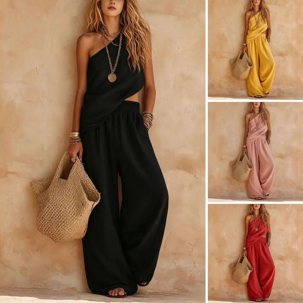 Women Wide Leg Trousers Elastic Waistband Pants Cotton Linen Two-piece Set for Women One-shoulder Top Wide-leg Pants Summer