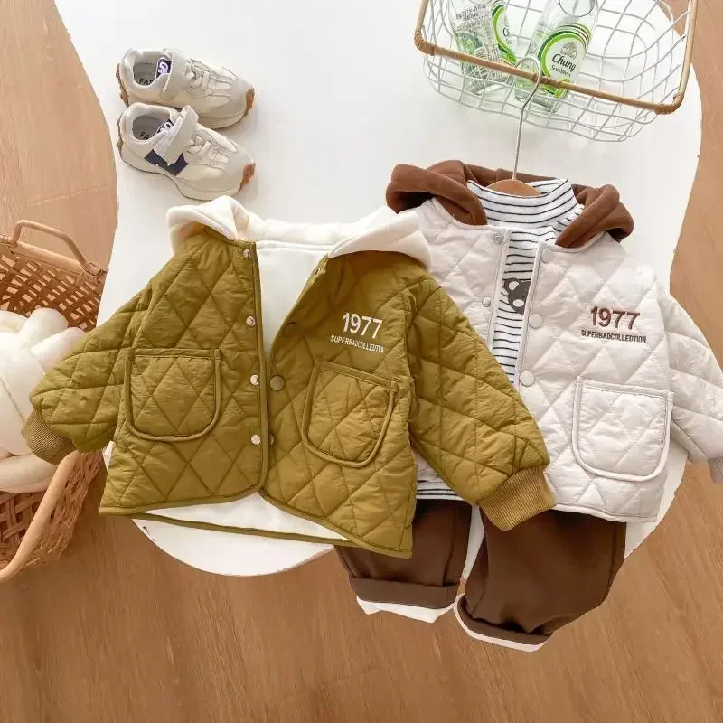 0-5Y Baby Boys Winter Hooded Patchwork Jacket Cotton Padded Warm Coat Children Casual Comfortable Fleece Plush Clothes Outwear