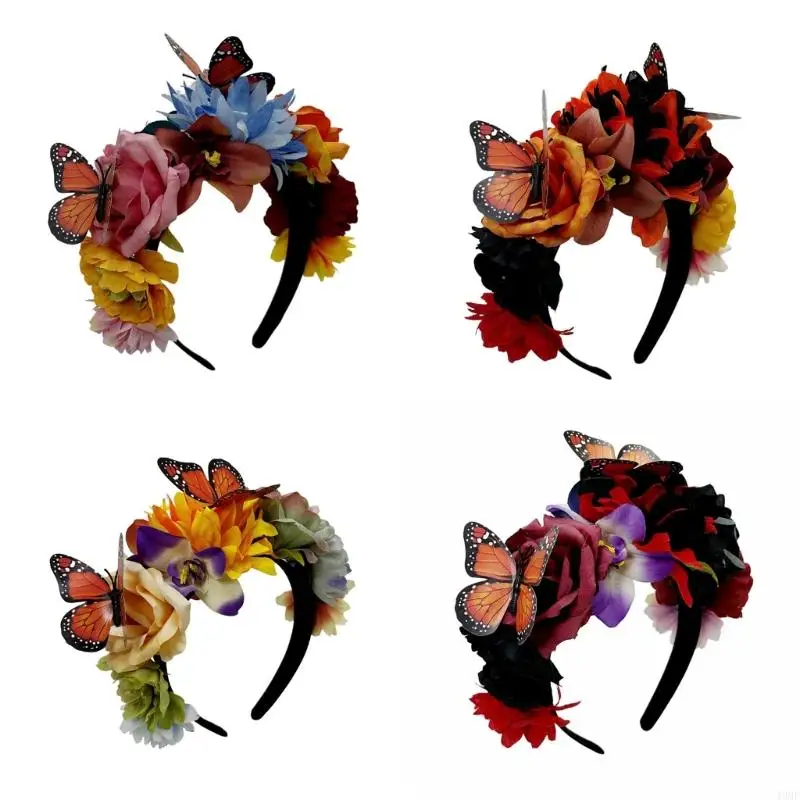 

49MF Day of the Death Butterfly Flower Headband for Festival Dia Muertos Hairhoop Music Festival Accessory Party Headwear