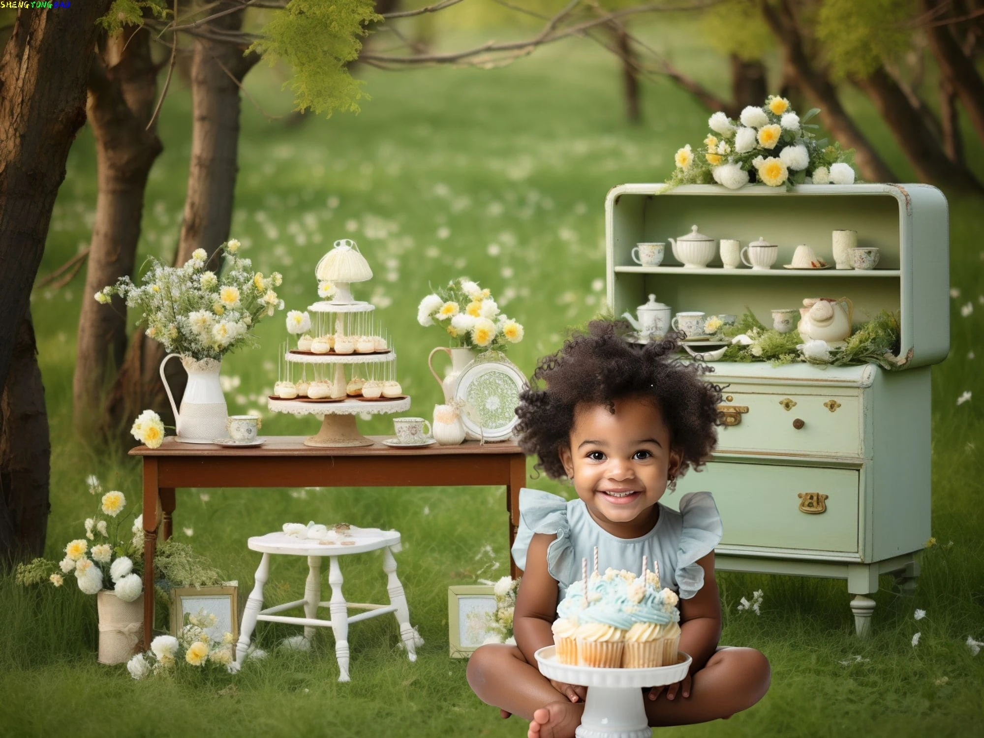 الربيع الشاي حزب خلفيات للتصوير الفوتوغرافي الرقمية مزينة بالبالونات قوس قزح الحيوانات الأطفال عيد ميلاد صورة خلفية VN-01