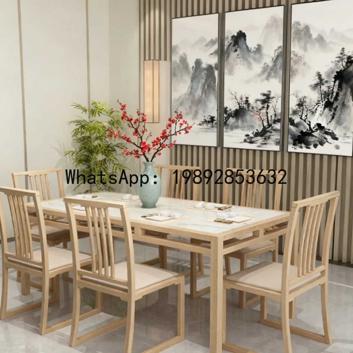 

H5.15 new chinese style dining table and chair set - compact dining table with marble top and solid wood construction