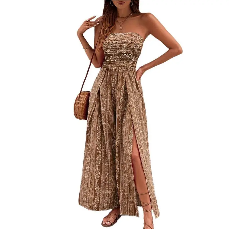 BARU-Jumpsuit Wanita Model Tube Motif Boho Longgar Tanpa Lengan Smocked Romper Celana Panjang Lebar dengan Belahan