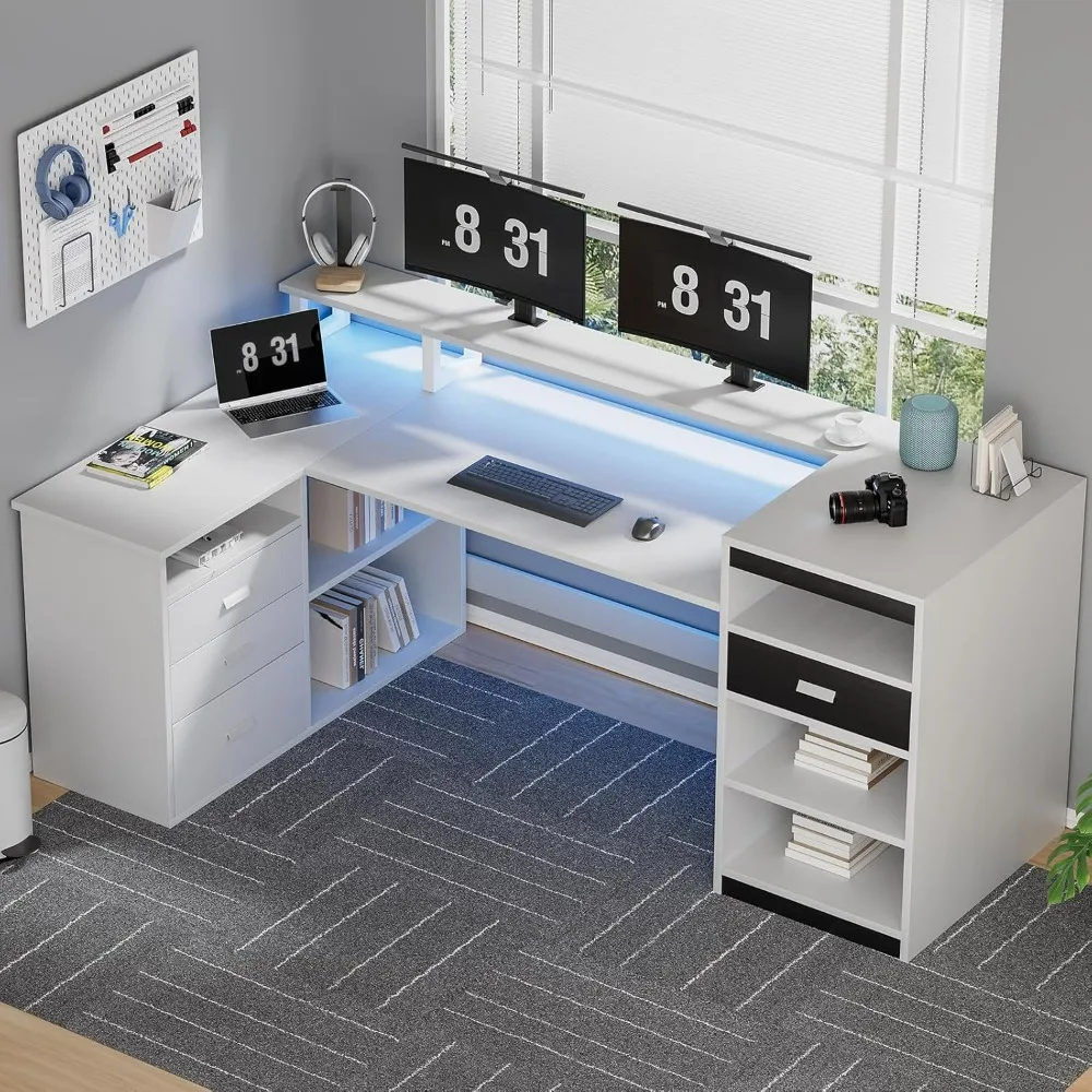 

White Computer Desk with Drawers, 61.02'' Home Office Desk with Storage Shelves and File Drawer, L Shaped Gaming Desk withMonito