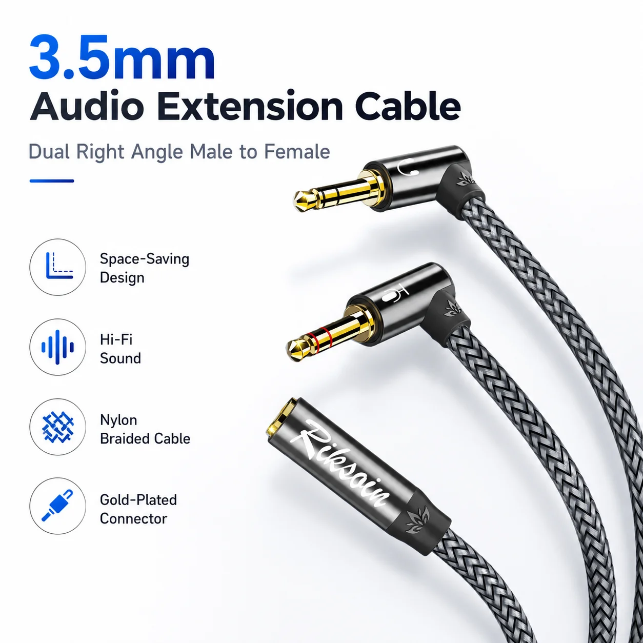 Riksoin Dualer rechtwinkliger 3,5-mm-Audioadapter (Stecker auf Buchse), Stereo-AUX-Verlängerung für Kopfhörer, Auto, Lautsprecher, Telefon
