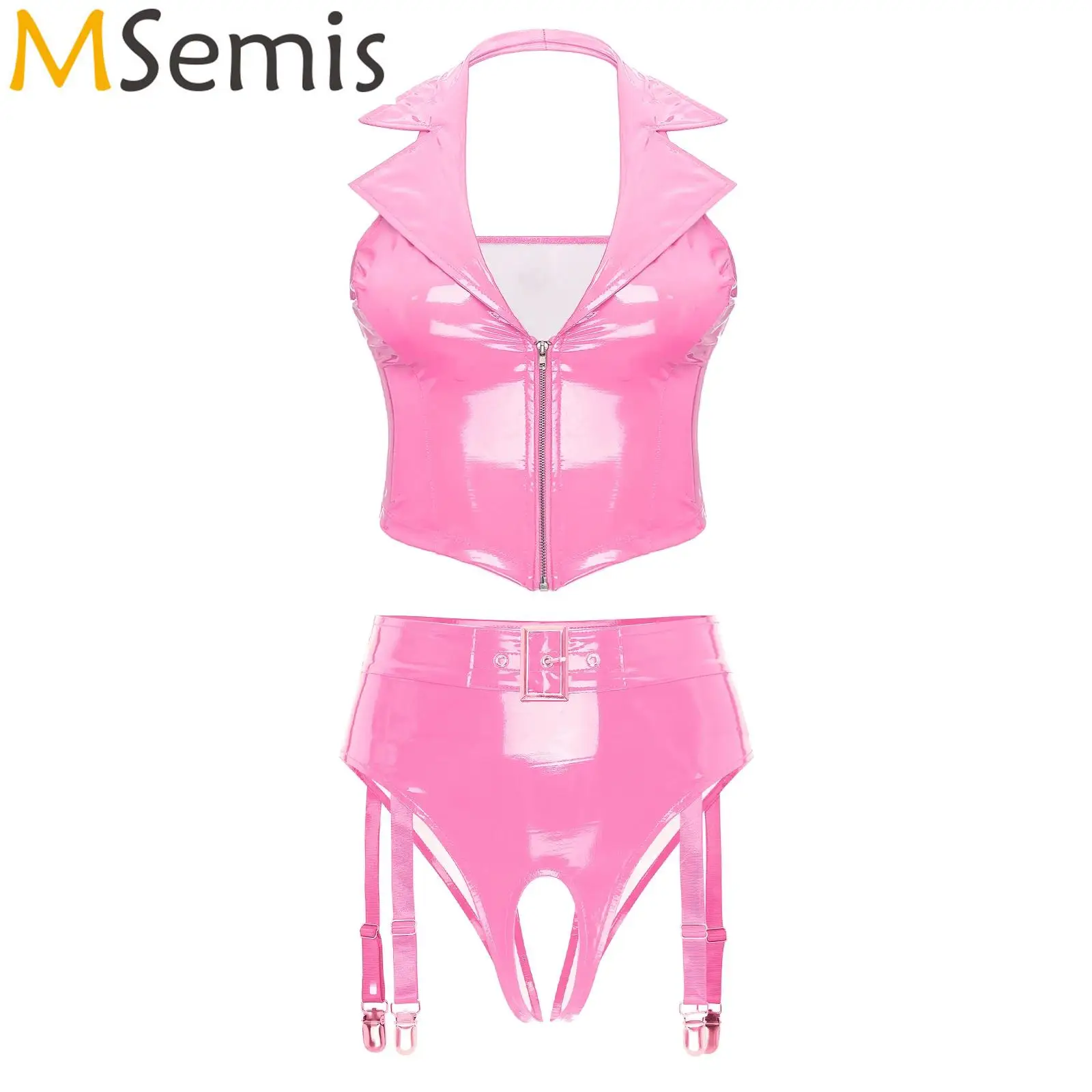 

Womens Wet Look Clubwear Halter Backless Deep V Neck Front Zipper Vest with High Waist Open Crotch Garter Clips Underwear
