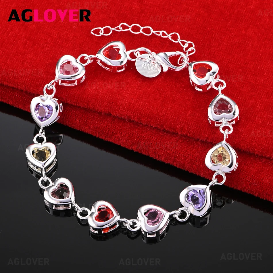 

AGLOVER 925 Sterling Silver Heart Inlaid Multi-Colored Zircon Bracelet Women Charm Fashion Party Jewelry