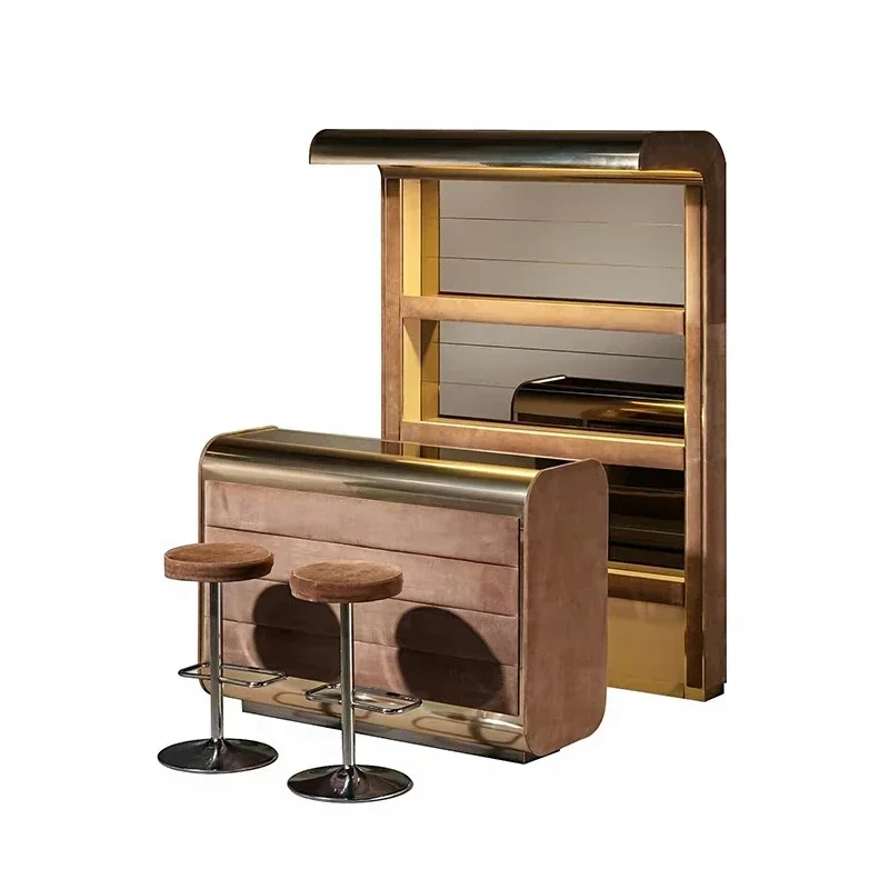 Light luxury high-end creative sta inless st eel win e cabin et b ar count er, villa lar ge flat layer des igner