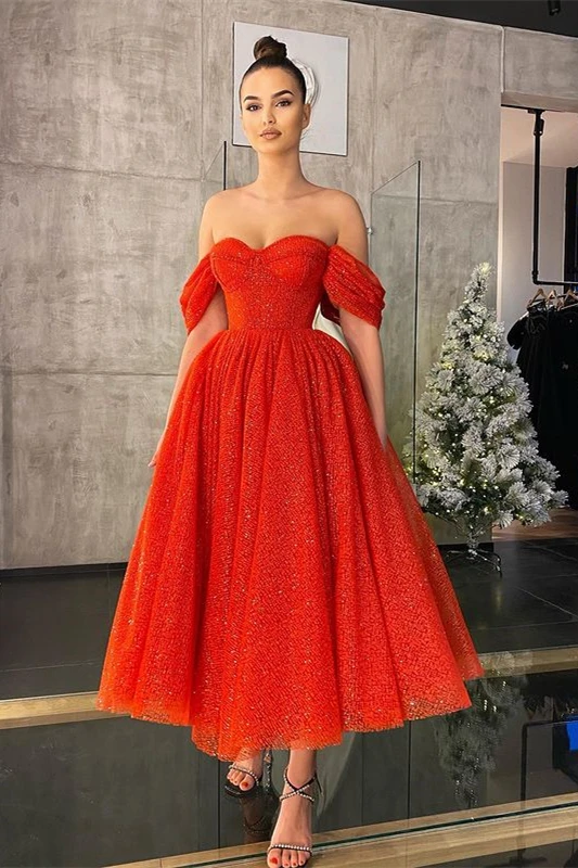 

Tea Length Prom Dresses Glitters Sparkly Bling Off Shoulder Sweetheart A Line Formal Party Women Red Evening Gowns