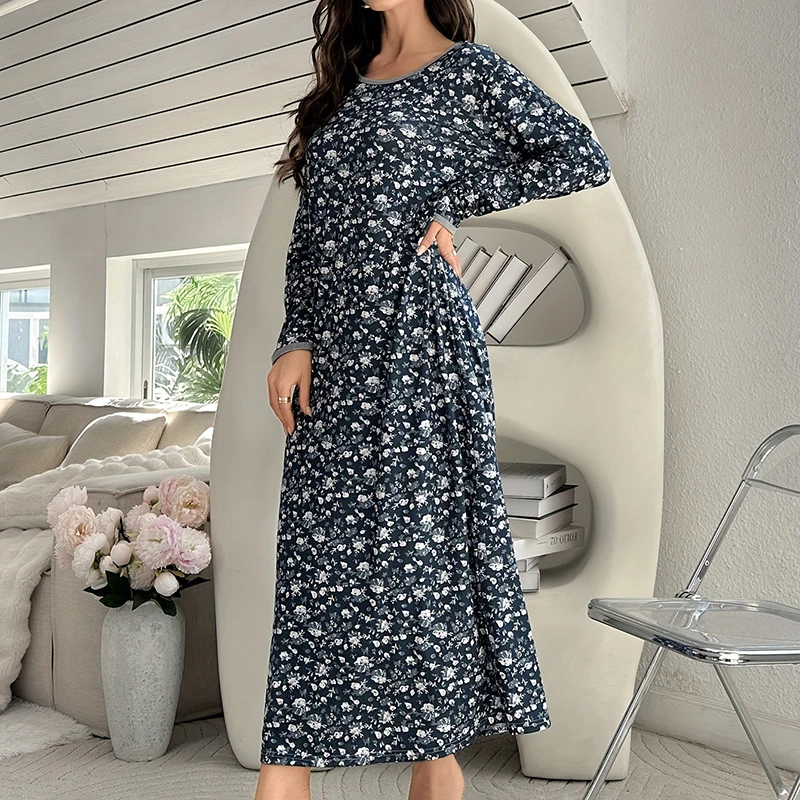 Comfortable Printed Pajamas for Women Long Sleeved Round Neck Loose Nightgown Soft Comfortable One Piece Nightgown Home Clothe